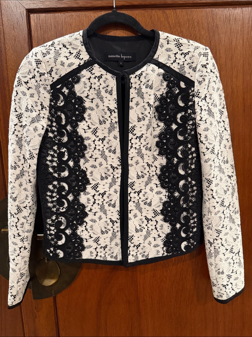 Nanette Lepore White Lace Jacket with Black Lace Trim Size 2